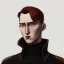 Placeholder: general hux 3/4 view, wearing a black First Order uniform, serious, imposing figure, thick eyebrows, digital art, wearing a black First Order uniform, green eyes, gray background, sepia filter, light coming from the side