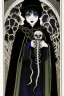 Placeholder: 7 year old boy, necromancer, friendly, looks dead,with a lamprey serpent , wearing black robes, in the style of Harry Clarke