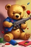 Placeholder: Paint an image that represents the duality of simultaneous victimization and villainization of Latinos in the United States. Include a teddy bear next to a gun. The colors should be bright pastel crayon colors.
