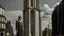 Placeholder: a big man with the latest fashion in the modern street in Tehran with a tower.