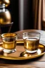 Placeholder: A golden metal plate with some dates on it, a glass cup of water with a golden rim, and a glass cup with white milk with a golden rim, all of them next to each other, on a wooden table, with the view from the side.
