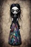 Placeholder: full color, illustration of a dark menacing Victorian goth vampire girl, tall and willowy ala Wednesday Addams, as a decayed, broken, crude homemade patchwork cloth doll toy, with a cracked porcelain face, thick dark eyebrows, hair made from ragged strips of cloth, art in the style of Alex Pardee and Tim Burton