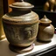 Placeholder: جرة منقشة بنقشات فرعونية واعلاها صحن منقش