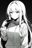 Placeholder: girl in love with long hair thinks in a loose sweatshirt, line arts, greyscale,