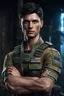 Placeholder: 27 year old male with short dark hair and blue eyes standing with his arms folded, military, photorealistic, 4k, dark fantasy