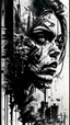 Placeholder: double exposure collage portrait of the craying woman, face of sadness, character design, shadows, building, noise, smog, surreal style, high detail, realistic photo, black pen and ink, intricate detailed black and silver line art, thick black ink on wet paper, dramatic mood, graffiti art, splash art, dark oil gouache melting, gloomy