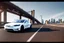 Placeholder: A Tesla 'Model 3' is going at a high speed, on the 'FDR Drive', eastern Manhattan. (CINEMATIC, WIDE ANGLE LENS, PHOTO REAL)