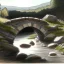 Placeholder: a landscape painter artist draws a sketch at a little stone bridge, brook, highly detailed, smooth colours