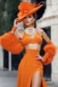 Placeholder: full body beautiful girl, elegant orange,lace clothes of the 80s, luxury style, small elegant hat with feather, hair of the 80s, pearl necklace, earrings masterful, beautiful face