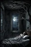 Placeholder: In the depths of a dark and surreal nightmare, a scared young girl with big eyes tries to sleep on a bed in a rundown room. The only source of light is a broken window, the moonlight illuminates the dusty floor and shadowy corners. The wind howls outside, causing the branches of a nearby tree to slam against the window, adding to the eerie atmosphere. In the corner, the shadows seem to move and roll, fear, surreal, thriller