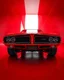 Placeholder: low view angle shot down from upper left front and showing the full vehicle, a 60s futuristic prototype muscle car, large close up a beautiful look up modern is decorated with red abstract, all red background, fisheye lense, vray, raytracing