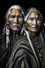 Placeholder: a photo of an Native american indian man and woman with ethnic jewelry, grey hair and grey flowing robe, in style of Annie Leibovitz, contemporary portrait of a mature yet beautiful and modernist, black and grey, detailed face, swirling fluid smokey enigma, award-winning artwork