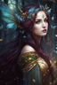 Placeholder: Burgundy hair, dark hair,dark red , rapunzel hair,very long hair,dark fairy princess,elven crown,night,dragonflies,beautiful,ong ashes,golden armor ,sparkle,night blooming,ivy,dark green,lilly of valley,golden elven crown