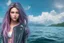 Placeholder: half body shot,realistic portrait of a 20-25 old caucasian model, long blue pink flowing hair, great grey eyes, blue leather jacket,full body, short white skirt,long legs,standing on deck of very big ship, beach of very nice lake with sunset ,clouds,godrayes