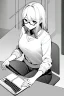 Placeholder: girl with glasses works on a laptop sitting in a cafe, line arts, greyscale