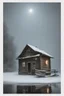 Placeholder: old cabin in a blizzard at night by a lake