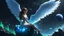 Placeholder: angel with a wings siting on the blue monolith made of blue tiberium crystals of lights, matrix universe, planets on the back grounds, green crystals of tiberium on the life and right