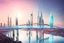 Placeholder: Dreamlike Skyline of Downtown futuristic hightech city in 4050 and a stunning futuristic Bridge During Sunlight over the azur-silver color river, cold colors, high detalied, sci-fi, landscape