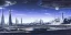 Placeholder: Spaceport on a heavy industrialized planet with futuristic high rise buildings with glass facades in the background and a docked spaceship in the foreground, retrofuturistic, art by John Berkey, brutalist architecture, insanely detailed, vibrant, 8k uhd, cinematic atmosphere, ultra-wide angle, street level view, brush strokes, blue sky with clouds, sharp focus