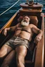 Placeholder: close aerial photography of a burly beefy muscular turkish fisherman happy sunbathing lying down on the large bow of a huge fischer wooden boat in open sea, manly armpits, manly chest, hairy chest, ugly, 56 years old, curly beard, bullneck, short bulging ripped pants, muscular, emotive eyes, photorealistic, 35mm lens, Canon EOS, 8k , view from the ground