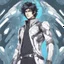 Placeholder: An handsome alien with messy black hair and blue eyes, wearing futuristic, alien clothes, colored manga style, intricately detailed,