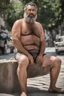 Placeholder: masculine muscular chubby burly mature turkish man sunbathing, sitted on an empty street, 44 years old, shirtless, bullneck, hands behind the neck, ripped dirty shorts, manly chest, very hairy, short beard, big shoulders, relaxed, photorealistic, well defined facial features, half figure photography, view angle from the ground