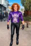 Placeholder: Debby Ryan, smiling, Heavy Metal t-shirt, Black Leather biker's jacket, Black leather pants, Platform boots, midday, bright sunlight, extremely colorful. Big, fluffy hair, Debby Ryan has Auburn Red hair, green eyes, She is standing next to ((THE PHANTOM, an extremely muscular man who wears a one-piece, formfitting purple body suit with tribal designs lightly woven into the fabric. He also wears a cowl, eye mask, black boots, black gloves, double holstered pistol belt