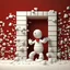 Placeholder: 3d Christmas snowman, breaking out through a wall, plaster texture, white and red, 3d background