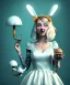 Placeholder: Ultra realistic portrait, wonderland, happy blonde Alice smoking a pipe, blue dress. elegant anthropomorphic white rabbit, circus dress style, old school tattoo, laughter, smoke, marijuana garden, mushroom lamps, glow eyes, perfect iris, soft color, highly detailed, unreal engine 5, ray tracing, RTX, lumen lighting, ultra detail, volumetric lighting, high definition.