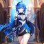 Placeholder: Clear focus,High resolution, Vibrant short blue hair, Vibrant blue eyes, Genshin impact inspired outfit, wearing a short skirt