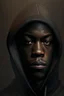 Placeholder: A portrait of a black man with a hood, short hair,