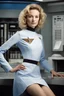 Placeholder: 20-year-old Polly Parton as Doctor Leonora McCoy, wearing a blue, thigh length, long-sleeved, slit mini-dress with a plunging neckline and an upside-down, V-shaped Starfleet communication badge on the left chest, Physician's rank on the collar and sleeve cuffs