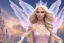 Placeholder: castle in background, beautiful, soft, big smiling, straight and long blonde hair, dewy and shiny atmosphere, diamond crown, long fairy wings in the back, full head, pink veil clothes