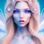 Placeholder:  beautiful, soft, whide smile face, long blonde straight hair, blue eyes, fairy wings on the back, transparent crystal blue and pink background, big definition, 8K