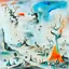 Placeholder: Yves Tanguy, melting steel, decalcomania, rock formations and forms of animals, plants, a primordial-like world, part vegetation, part rock, spooky