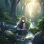 Placeholder: anime girl is praying with her eyes closed, meditating, rock trees, birds, creek, breathe