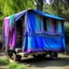 Placeholder: Old fashioned purple, blue and pink gypsy wagon decorated, curtains fluttering in the wind