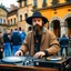 Placeholder: A short brown beard DJ with a hat on his head, sing at microphone, the DJ console, many electronic consoles around, play middle street of medieval city, FRONT VIEW