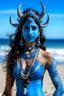 Placeholder: A photo of a blue skin Hindu goddess with painted blue skin, wavy black hair deer antlers standing on a sunny beach