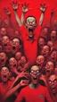 Placeholder: Bosch painting style ,nightmare, a lot of zombies with the hands up looking at you with screaming scary faces all of them in red colours and red background