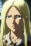 Placeholder: Attack on Titan screencap of a female The main character is a girl with light straight hair and different eyes Attacking