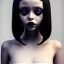 Placeholder: Jenna ortega black dress,soft goth libstick, wednesday addams family make up, brad double wig, dramatic lighting, highly detailed, volumetric lighting, unreal engine, 8k