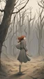 Placeholder: The young woman Lucy, dressed in modern attire, sprints through a barren and devastated forest. The trees are withered, the ground is littered with fallen branches, and an eerie silence hangs in the air.