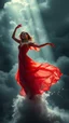 Placeholder: A beautiful Spanish flamingo dancer with a beautiful red dress dancing swirling clouds, emerges from the heart of a raging storm. Turbulent winds of steam swirl around the louds lit by shafts of sunlight that cast dramatic shadows on the A beautiful dancer woman with beautiful hands f flamingo dancing, High quality 16k cinematic scene and great photography