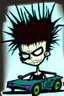 Placeholder: 2d drawing of a stickman, cool with punk hair, x eyes like in hangman, driving a Lamborghini ,3d realistic in colour