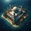 Placeholder: Hyper Realistic Aerial View of a Huge-Mosque sank deep within an ocean with lots of fishes & ocean-grass around at night with dramatic-&-cinematic-ambiance