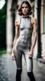 Placeholder: photography of a beautiful anorexic woman, grey satin triathlon top, brunette wavy bob haircut, flat chest, grey satin cycling leggins