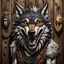 Placeholder: Close up an anthropomorphic wolf facing at the camera and around him cheerful anthropomorphic wolves they laugh at him , in the background many wooden wall, high realistic, high detailed, dark fantasy, cinematic