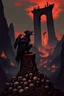 Placeholder: a weird bird-man creature in dark hooded and hat sitting on top of a tree stump, pile of skulls under his feet, under in valley a ruins city with fires and ash and bones, dark deep colors, style by Vincent Lefevre, El Kazovszkij, and Lovecraft , black raven sitting on his shoulder, dark dream of the end the world, in the background floating a tall dark magic gate into after-life, surreal weird art, cinematic