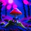 Placeholder: "Close up of a wonderful tiny Mushroom Tower home. Red and bluewith bright white, deep black and contrasting tones of gray magenta and violet colors. Illuminated bioluminescent forest. Professional painter, master at composition. small but detailed. broken, blurred background, voluminous lighting"